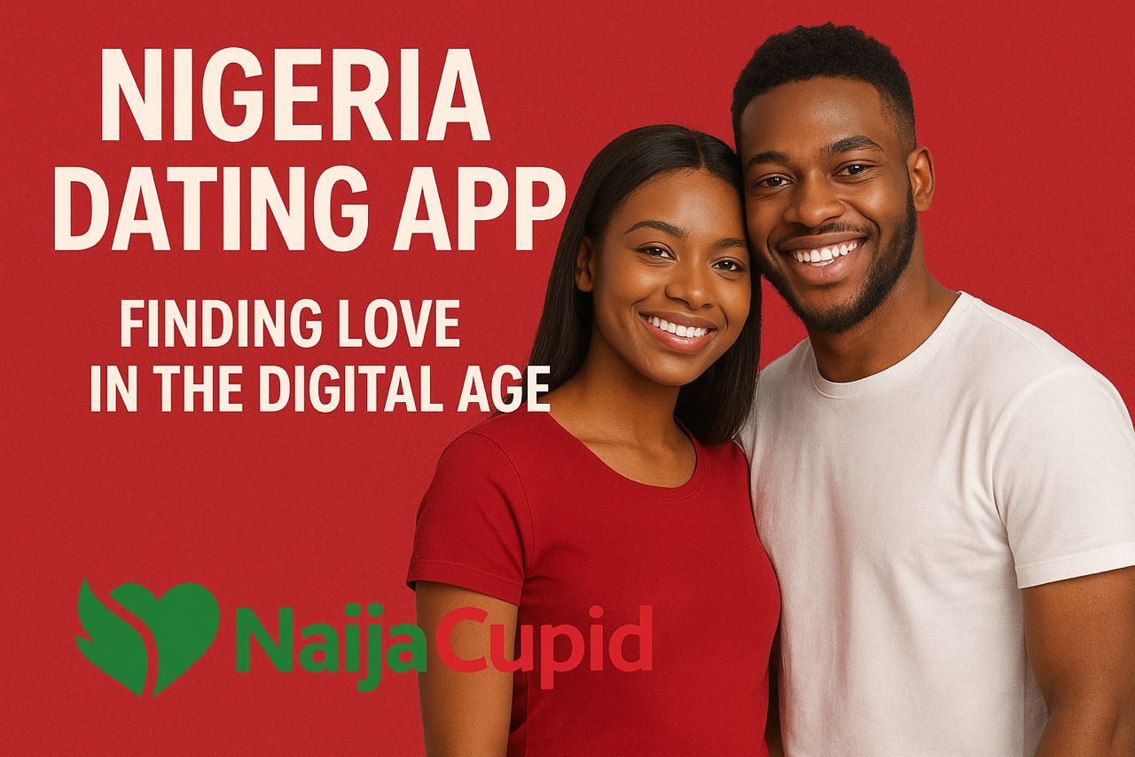 A smiling Nigerian couple standing close together, dressed casually against a bright red background. The text reads “Nigeria Dating App: Finding Love 
